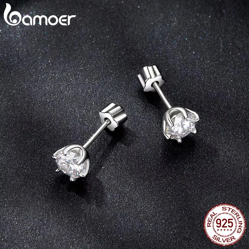 BAMOER White Gold Plated Moissanite Earrings for Women, real 925 Sterling Silver Sparkling Moissanite Studs Huggies Christmas Gift