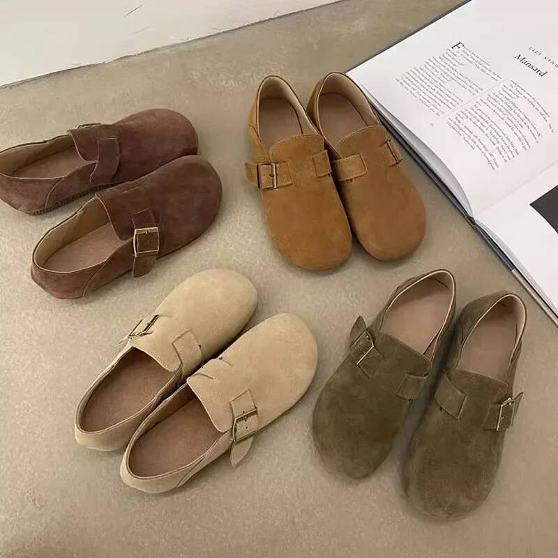 Ddmyoutdoor Fashion Casual Retro Leather Mule Clogs Slippers Outdoor Soft Cork Belt Buckle Slides Flat Shoes For Women Outdoor Shoes