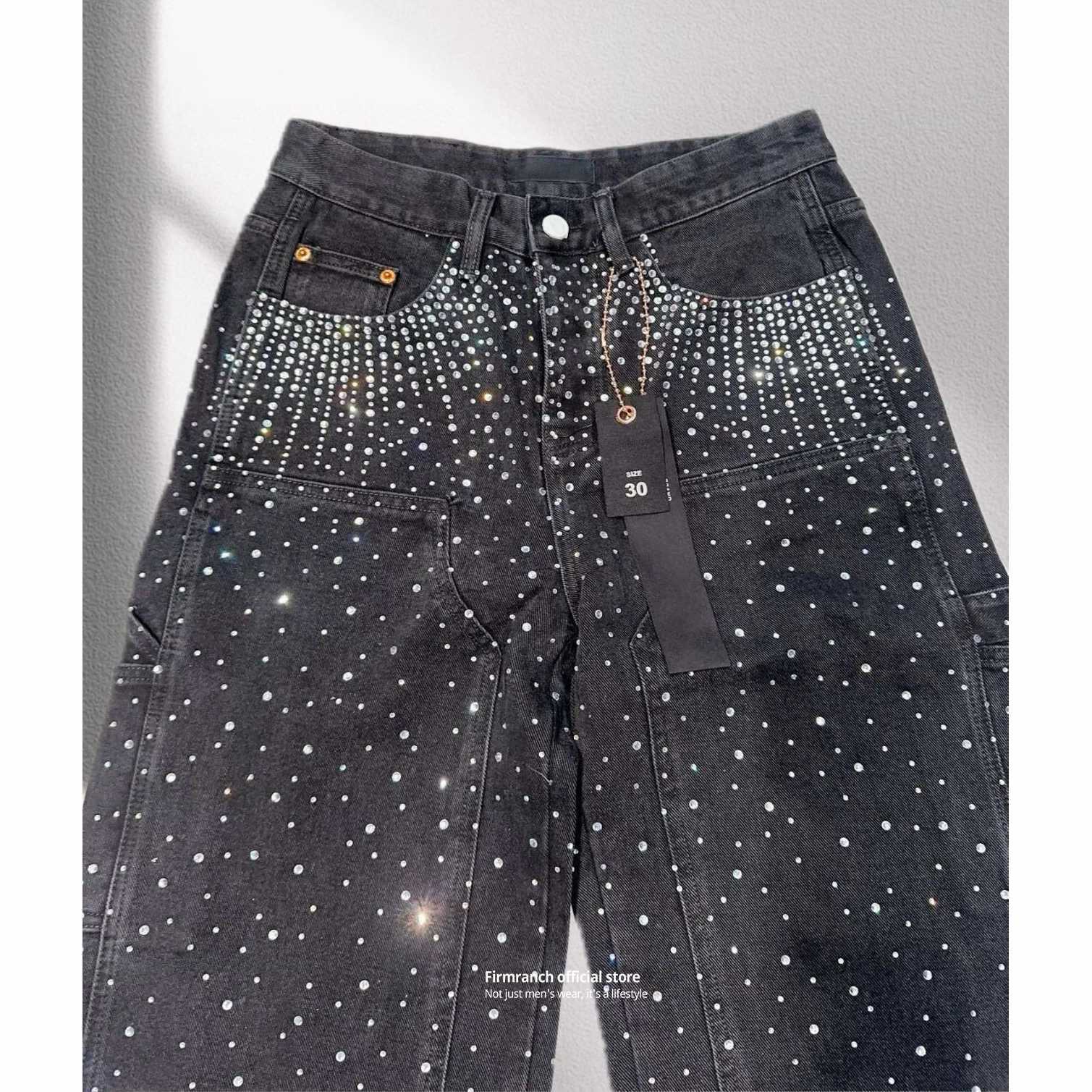 Firmranch New Sparkle Full Rhinestone Denim Pants For Men Women High Street Black Blue Shining Jeans Wide-leg Trousers Z250605