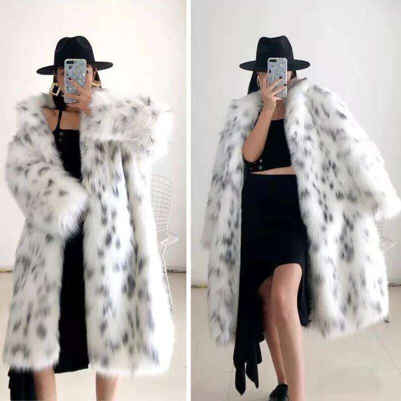 Women's Large Size Long Imitation Fox Fur Coat Warm Winter Black Dot Leopard Print Leather Windbreaker for Style And Comfort
