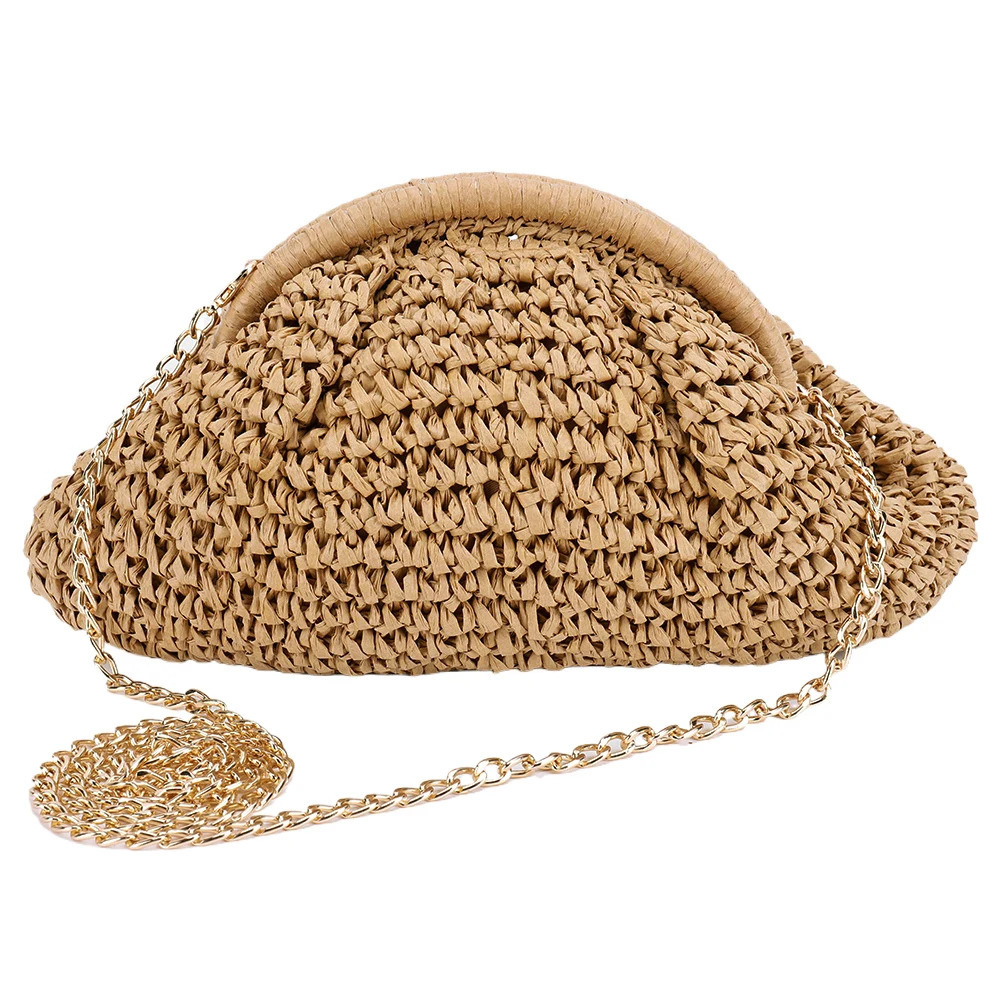 Women Straw Woven Bag Chain Strap Fashion Shoulder Large Capacity Weaving Satchel Solid Color for Party Vacation 250605