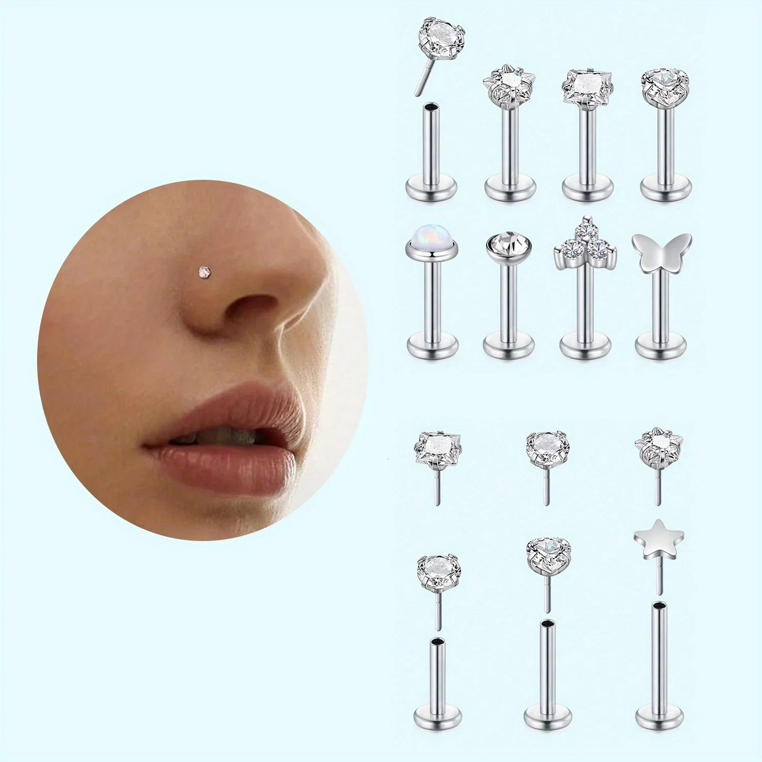 16G 18G Push in Threadless Nose Rings Studs Hypoallergenic Flat Back Nose Piercing 304 Stainless Steel Piercing Jewelry 250605