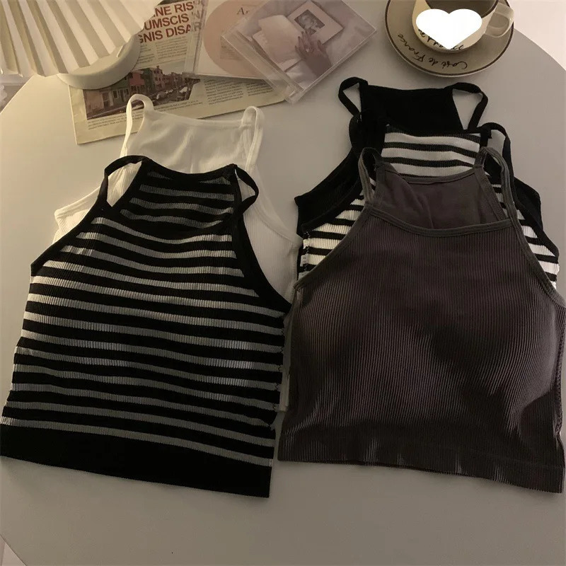 Korean Version Women Tank Tops Thread Solid Casual Fashion Crop Top with Chest Pad Stripe Sleeveless Outer Wear Basic Camisole 250527