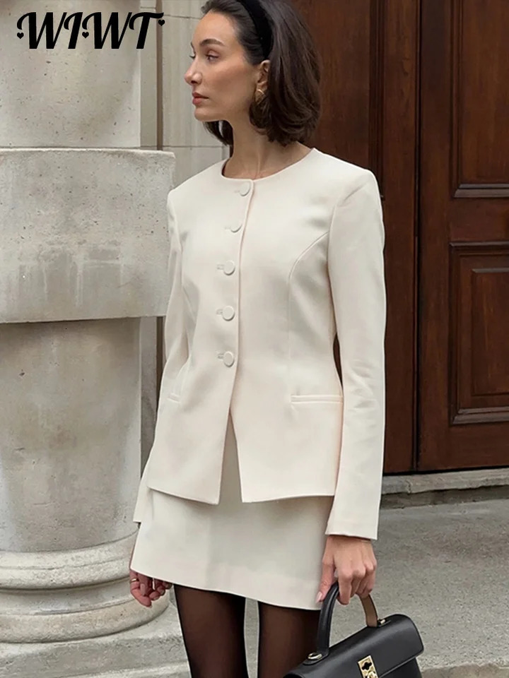 Slim Blazers Coat Skirts Set Women Solid O-neck Single Breasted Jackets A-line Mini Skirt 2025 Spring Ladies Elegant Outfits 250605