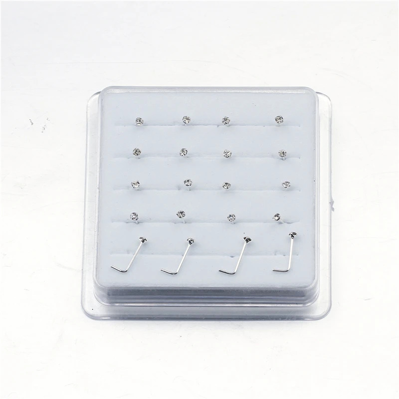 20PCS/Box Sterling L Shape Nose Stud Ring 2mm Clear Crystal Nose Piercing Body Jewelry 250605