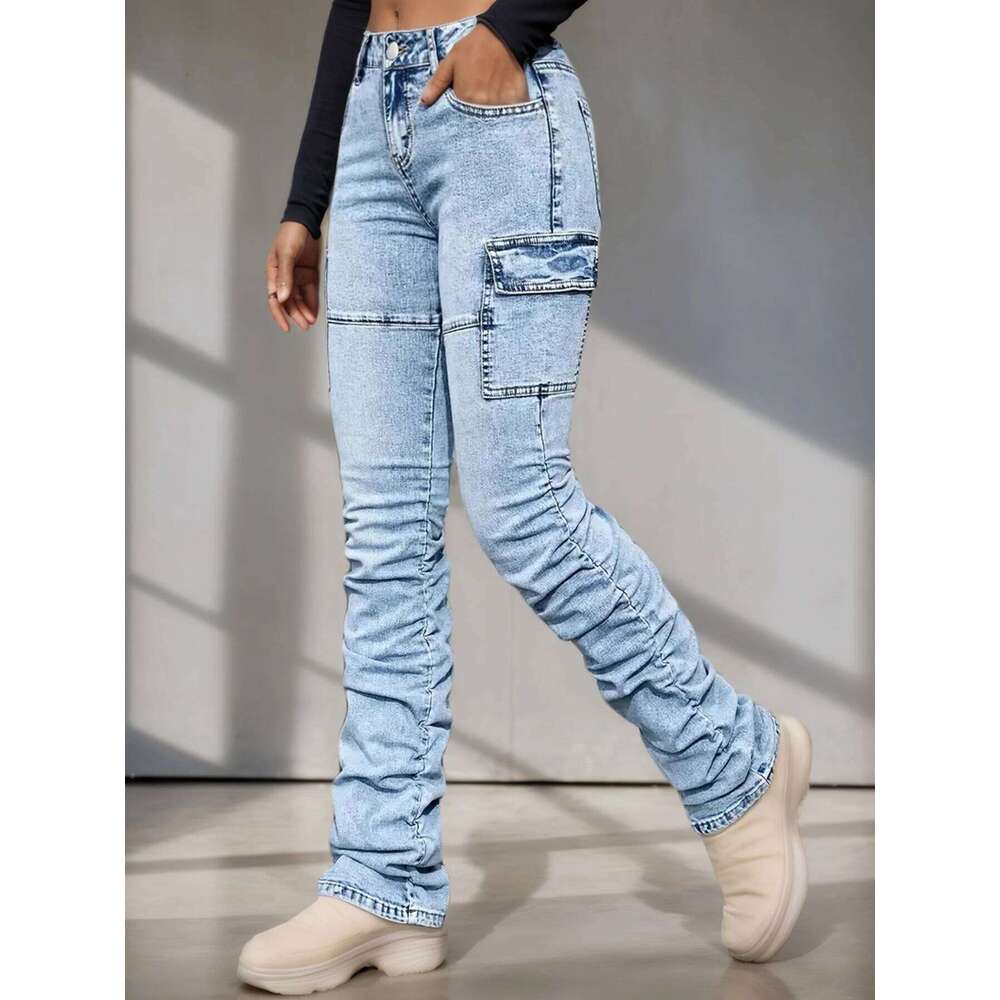 2025 New Women's High Waisted Elastic Multi Pocket Workwear Jeans, Street Fashion Casual Slim Fit Stacking Pants, Comfortable Fi