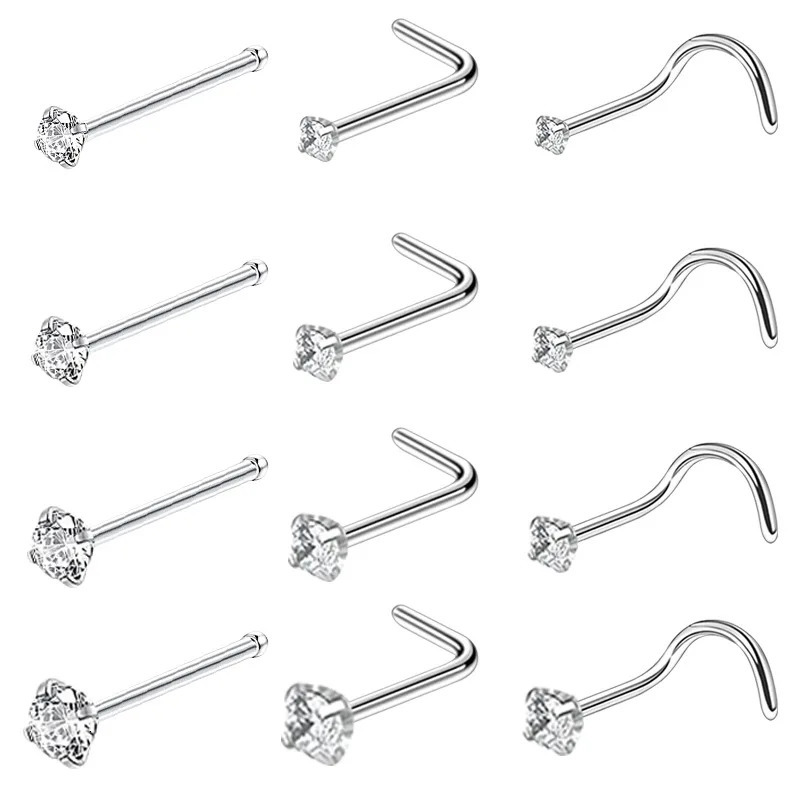 4/12PCS Stainless Steel Zircon Nose Piercing Stud Set L Shape Nose Ring Lot Twist Nose Ring Stud Bulk Body Piercing Nariz Pack 250605