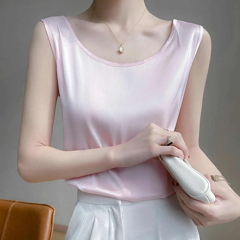 Summer Silk Camis Womens T Shirts Sleeveless Vest Satin Tank Tops Office Elegant Fashion O Neck Champagne BlouseTop Women 250605