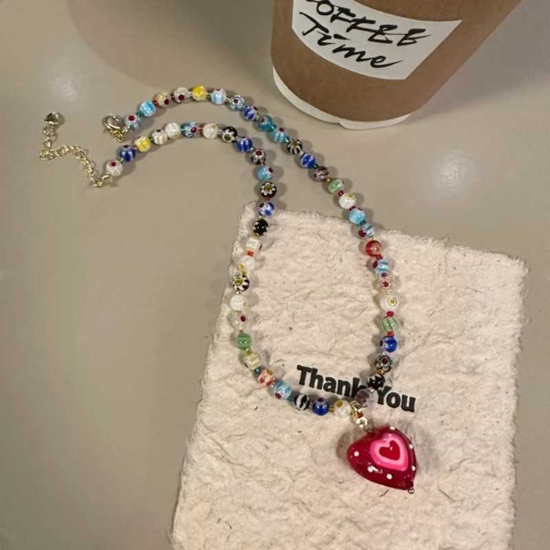 Bohemian Colored Glaze Bead Necklace Summer Red Love Necklace Hawaii Beach Necklace Jewelry Suitable for Ladies Girls Y250605