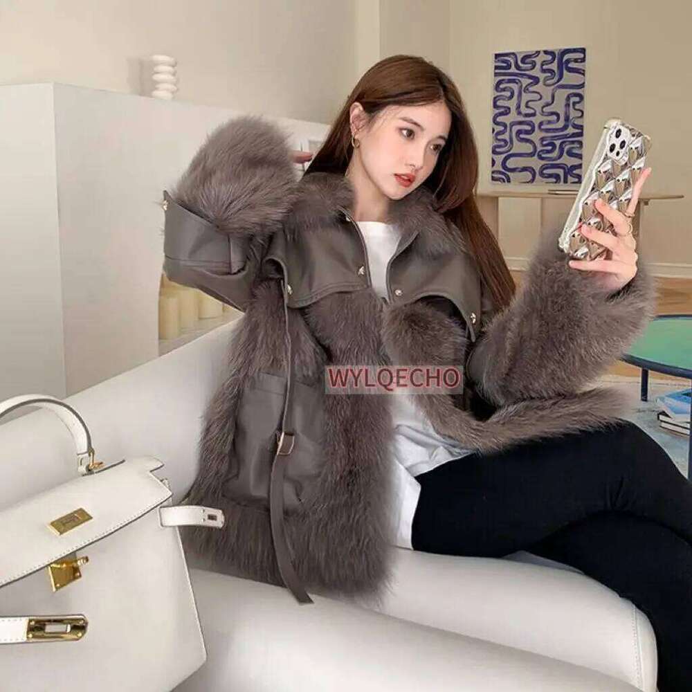 Winter Women's Leather Jacket Real Fox Collar Trim Natural Skin With Rabbit Fur Coats Short Style Female