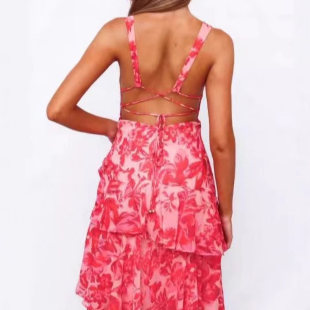 Sexy Tierred Ruffles Chiffon Prom Party Dresses For Women Floral Print A Line Maxi Dress Corset Back Sundress