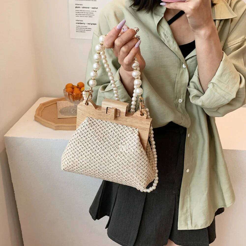Summer Wooden Rattan Shoulder Brand Crossbody Nice Pearl Chain Straw Bag Hand-Woven Handbags Women 2025