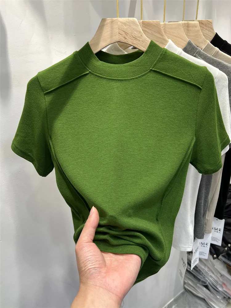 Womens T-shirts Short-sleeved Blouse Shirt Tops Office Lady Casual Vintage Camise Tees O Neck Korean Shirts for Women 250605