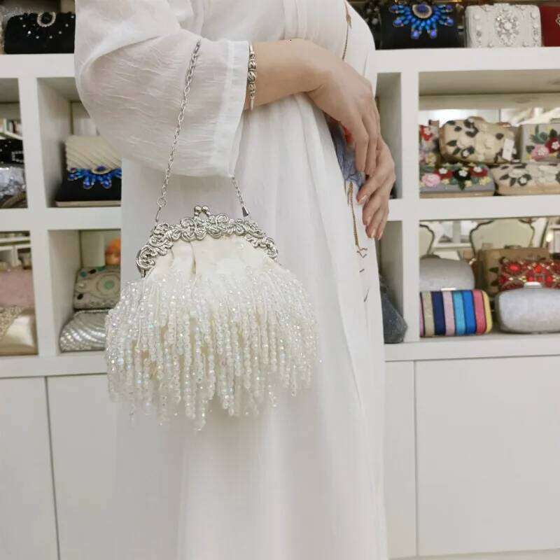 Elegant Bride Bags Vintage Tassel Silk Satin Beading Embroidered Handbag White Evening Bag Sac A Main Femme Retro Purses