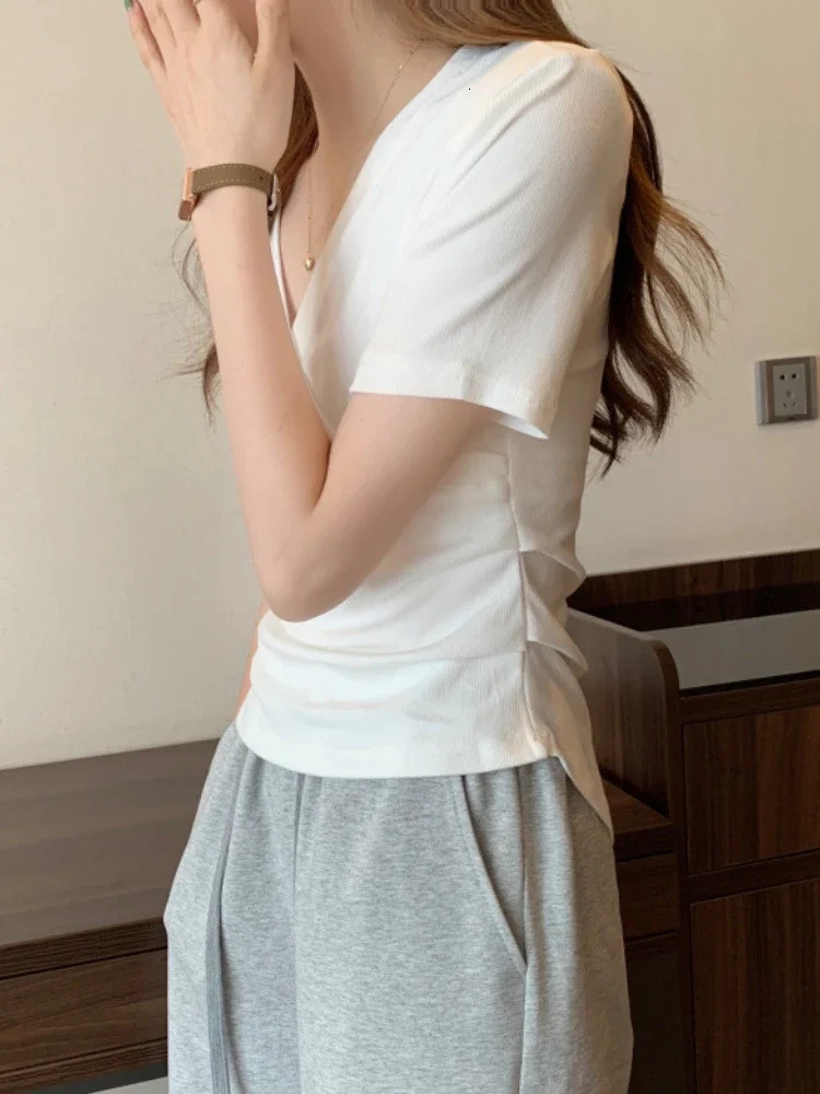 Summer Korean Fashion Casual Cross V-neck Womens T-shirt Short Sleeve Slim Bottoming Shirts Crop Top Youthful Woman Clothes 250605