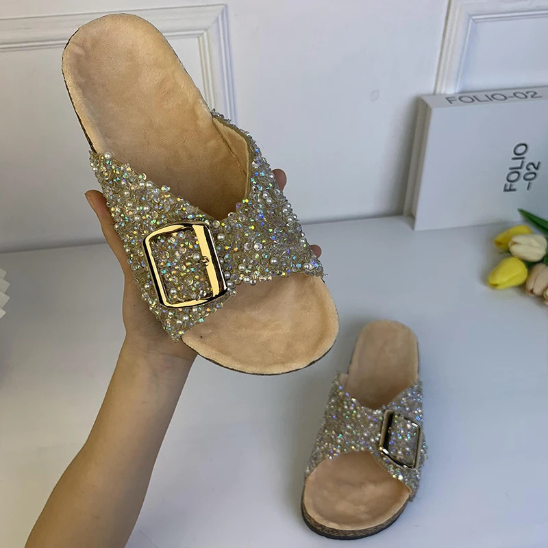 Women Beach Sandals Single Buckle Pearl Sequins Home Fall Leisure Vacation Outside Wear Womens Flat Slippers 250603