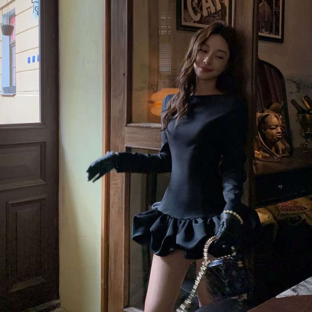 Mini Party Dress Women's Layered Short Skirt Slim Fit Decorated Pool Long Sleeve Style B5