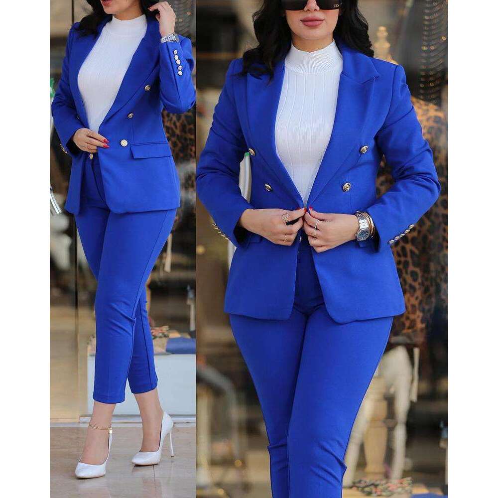Women's Solid Color Slim Fit Casual Fashion Waist-Cinching Double-Breasted Two-Piece Suit Set B5