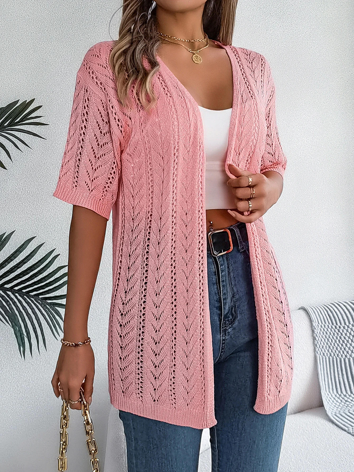 Spring and Summer Elegant Knitted Cardigan Hollow Out Short Sleeved Sun Proof Tops for Women 250530