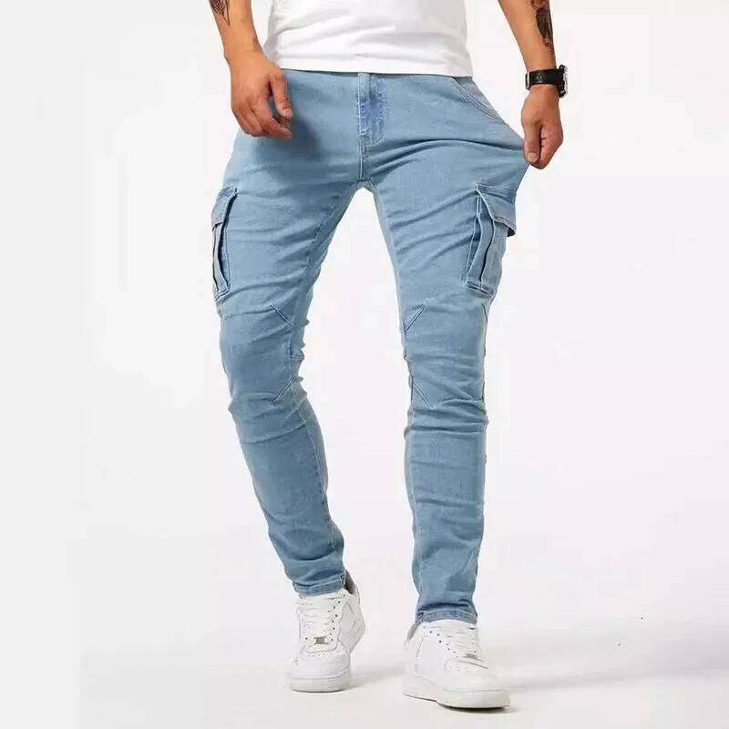 Men Casual Pencil Male Elastic Multi Pocket Small Slim High Street Denim Pants Wash Solid Color Mid Waist Cargo Jeans