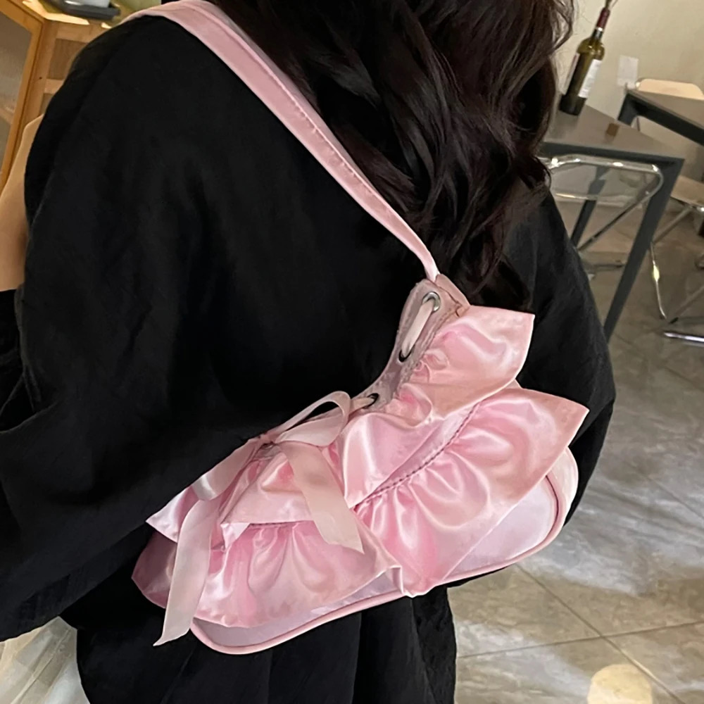 Womens Ruffles Lace-Up Soft Underarm Bag Spring Summer Sweet Solid Color Zipper One Shoulder Bags Party Club Handbags 250605
