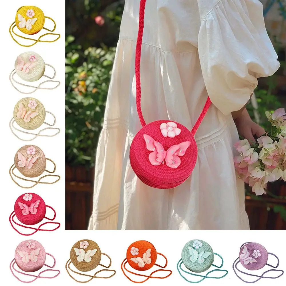 Round Shape Straw Bag Princess Mini Handbag Children Shoulder Butterfly Flower Summer Beach Messenger Kids Coin Purse 250605
