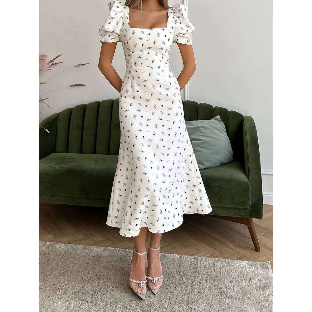 New Fashion Womens Summer Midi Casual Short Puff Sleeve Floral Print A-Line Elegant Flowy Dress Hot Sale S M L