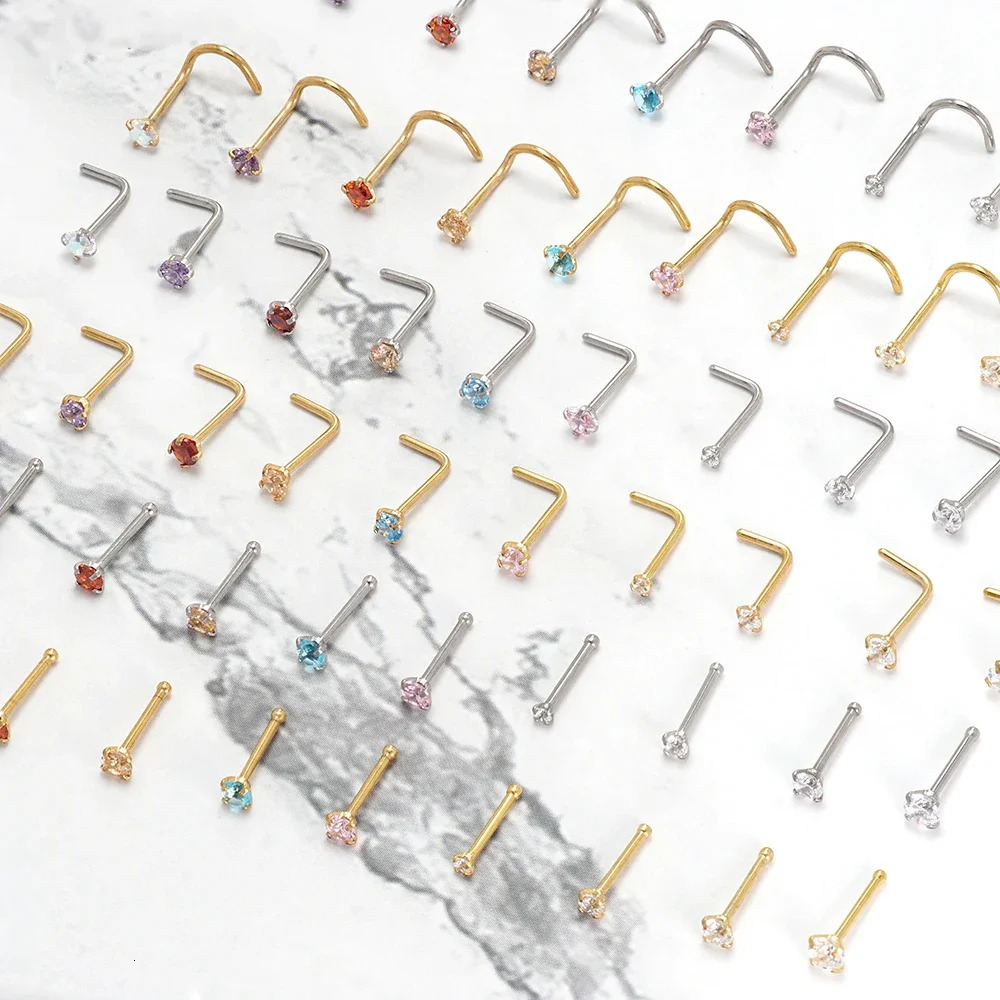 6/10Pcs CZ Gem Stainless Steel Nose Rings Nostril Piercing Studs Jewelry S L Bone Shape Multi Color Round Crystal 20g 250605