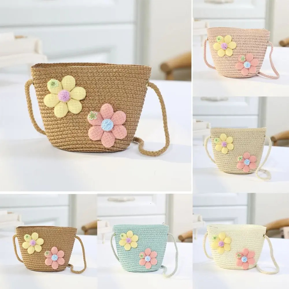 Girl Zipper Flower Straw Bag Cute Po Props Handmade Woven Kid Messenger Bags Storage Basket Coin Purse Crossbody Handbag 250605