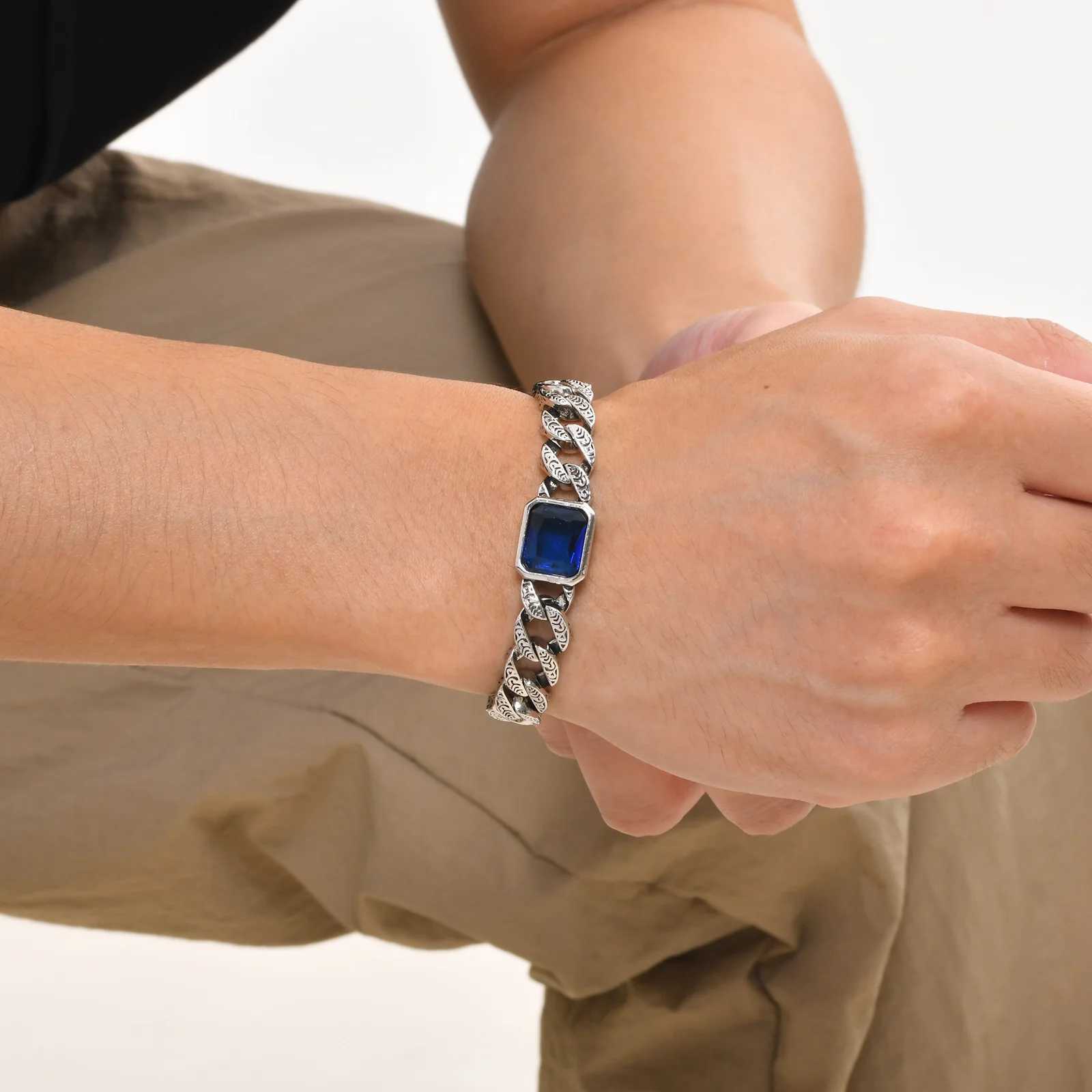 Chunky Cuban Chain Bracelets for Men Boys Embossed Stainless Steel Chain Link Wristband with Blue Stone Retro Jewelry Gift W250606