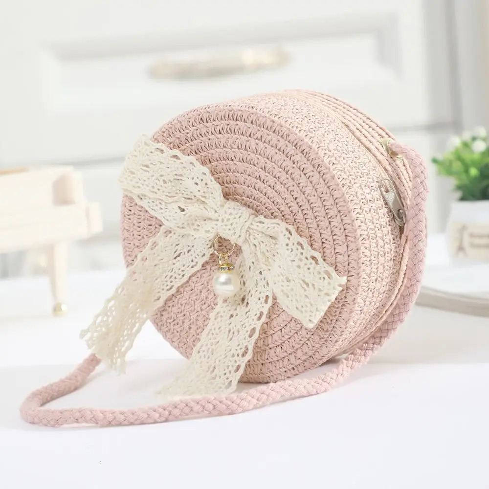 Mini Lace Bow Straw Bag Handwoven Round Summer Beach Zipper Lightweight Kids Crossbody Purse 250605