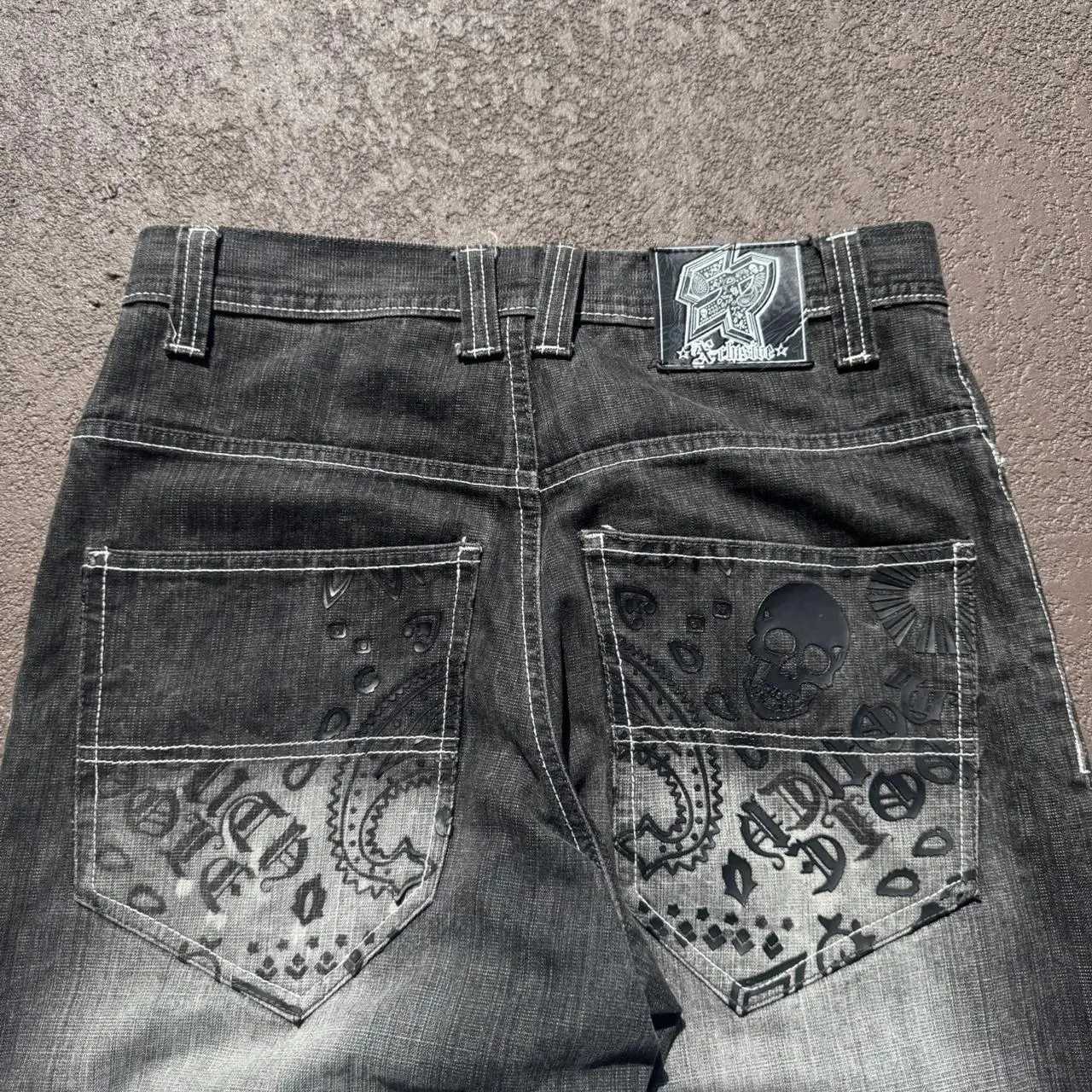 New High Street Trendy Pocket Skull Pattern Loose Jeans Mens European American Gothic Casual Wide Leg Straight Pants Y2K Jeans Z250605