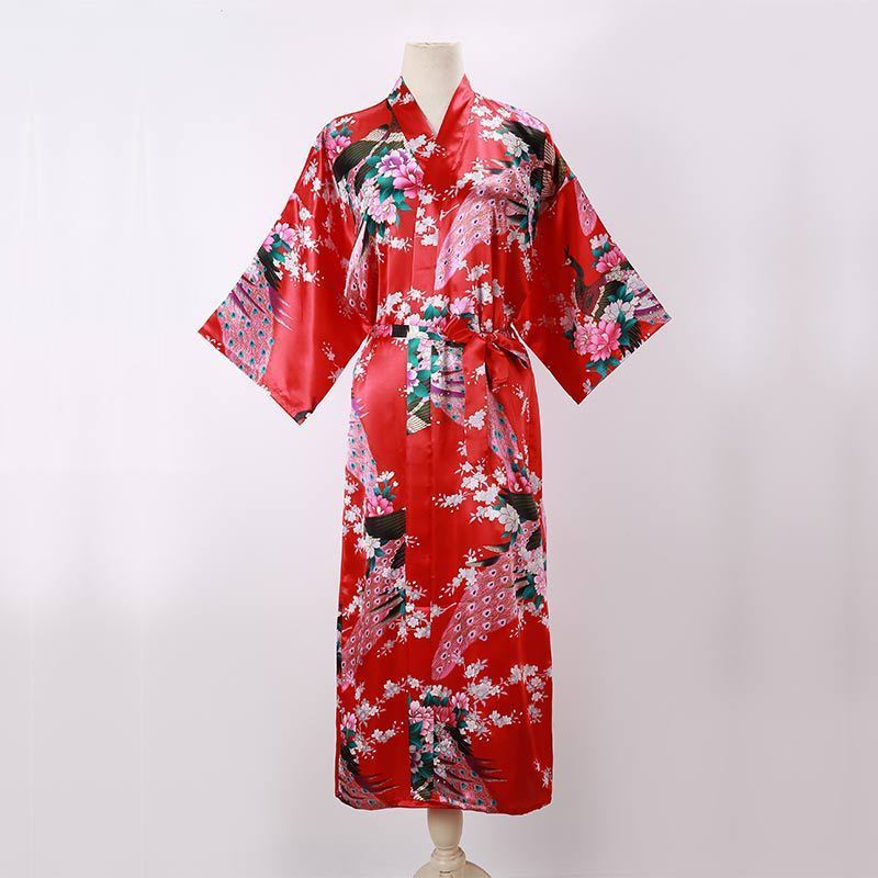 Women Sexy Long Nightgown Summer Kimono Robe Thin Peacock Print Bathrobe Imitation Silk Kimono Nightgown 241204
