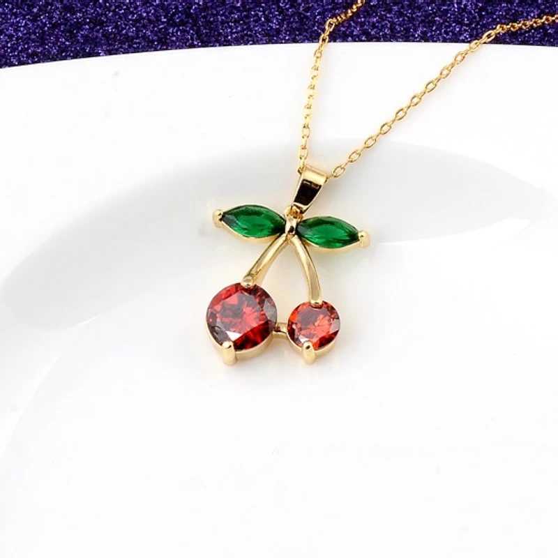 Fashion Korean style red cherry pendant micro-set zircon cute fruit necklace temperament cherry personality clavicle chain gift Y250605