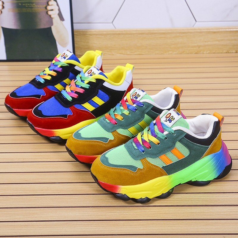 Plus Size Rainbow Casual Shoes Sole Fashion Lace Up Flyknit Breathable Casual Sports Shoes For Women Ddmysaturn
