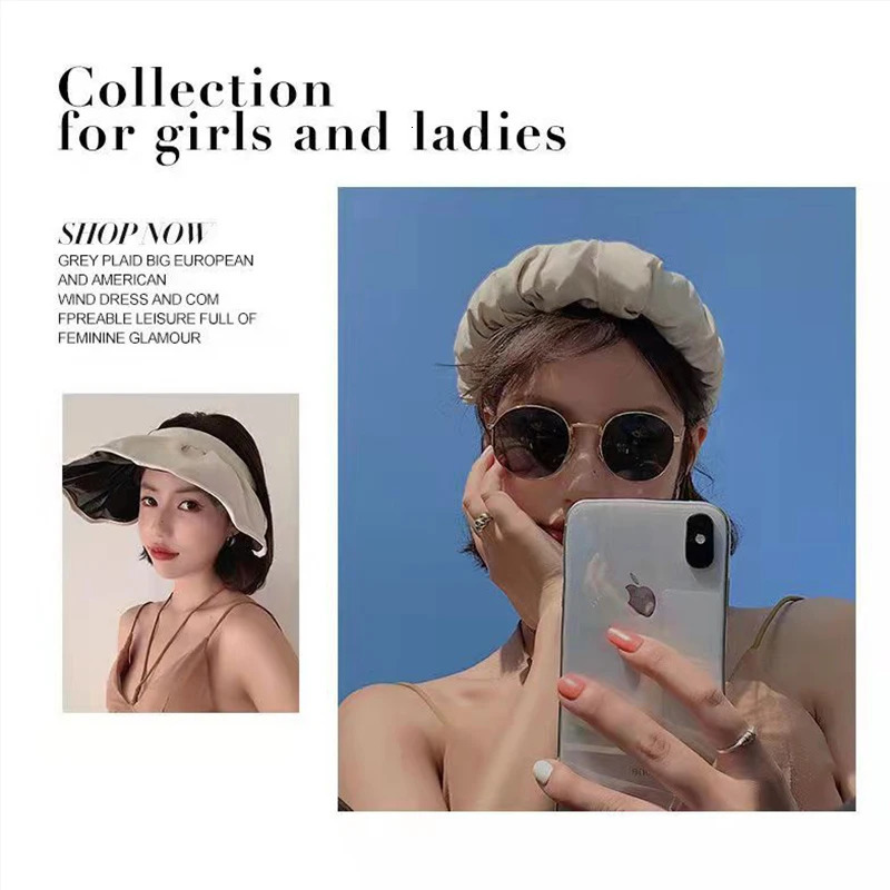 UPF50 Women Empty Top Sun Hat Foldable Headband Cap Korean Girl Large Brim Sunscreen Shell Cap Summer Beach UV Protection Visor 250603