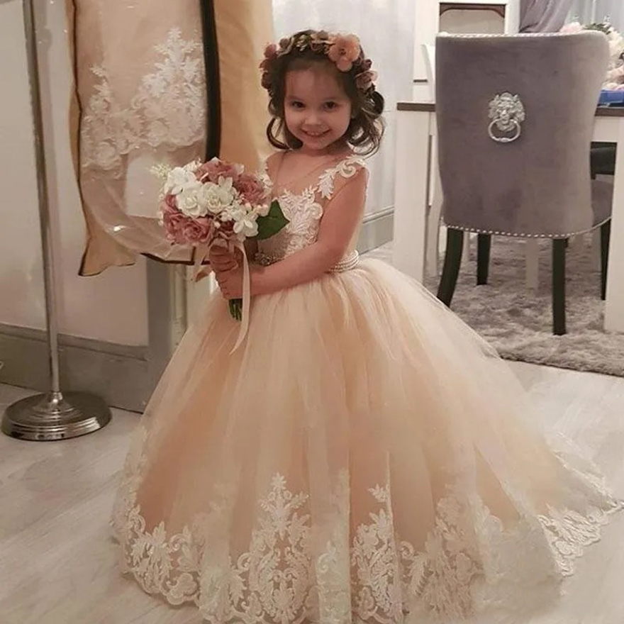 New Champagne Lovely A-Line Flower Girl For Weddings Ball Gown Appliques Toddler Kids Birthday Party Dresses
