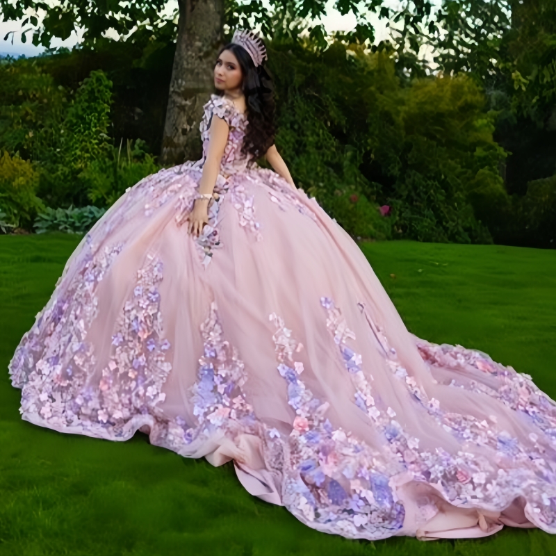 Pinnk Shiny Off The Shoulder Ball Gown Quinceanera Dresses Appliques Flower Beading Tull Sweet 16 Dress vestidos 15 de anos