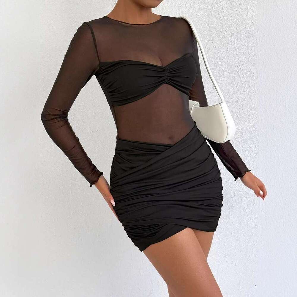 Hot selling women's fashionable round neck long sleeved mesh patchwork short skirt sexy pleated hip hugging dress