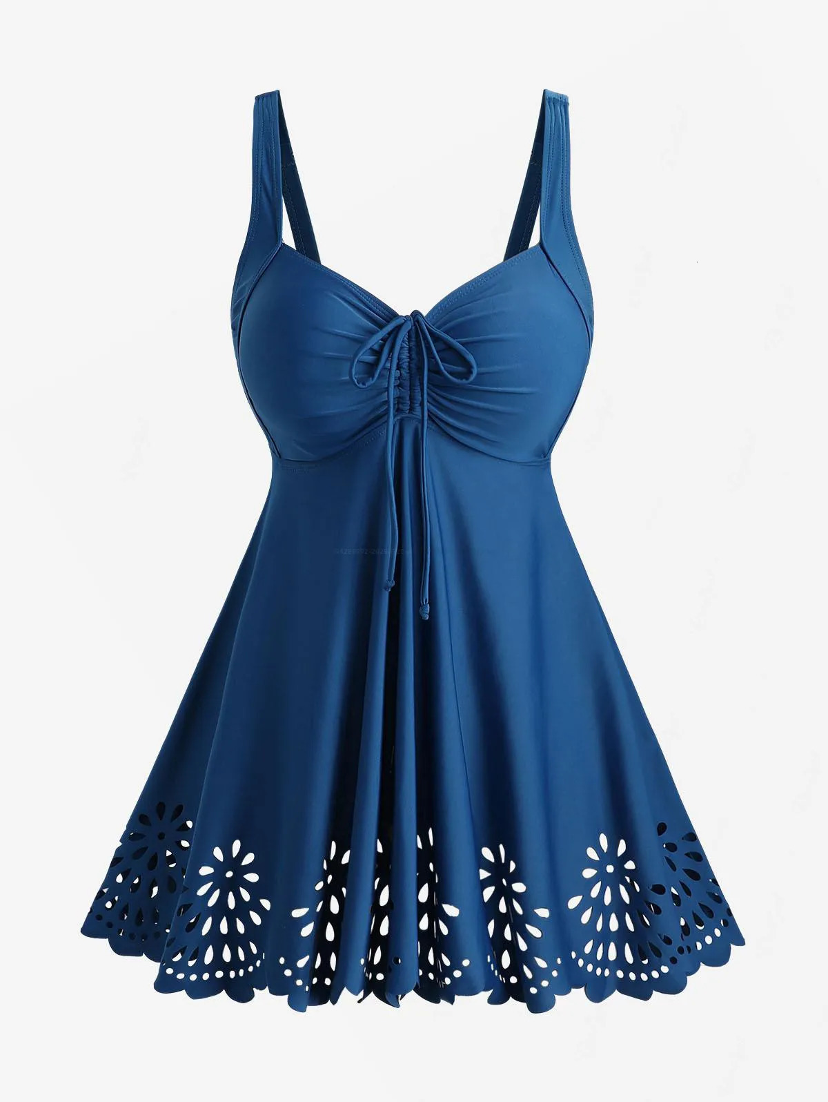 Rol Womens Plus Size Hollow Out Flowers Cinched Panel Adjustable Shoulder Strap Tankini Swimsuit 250603