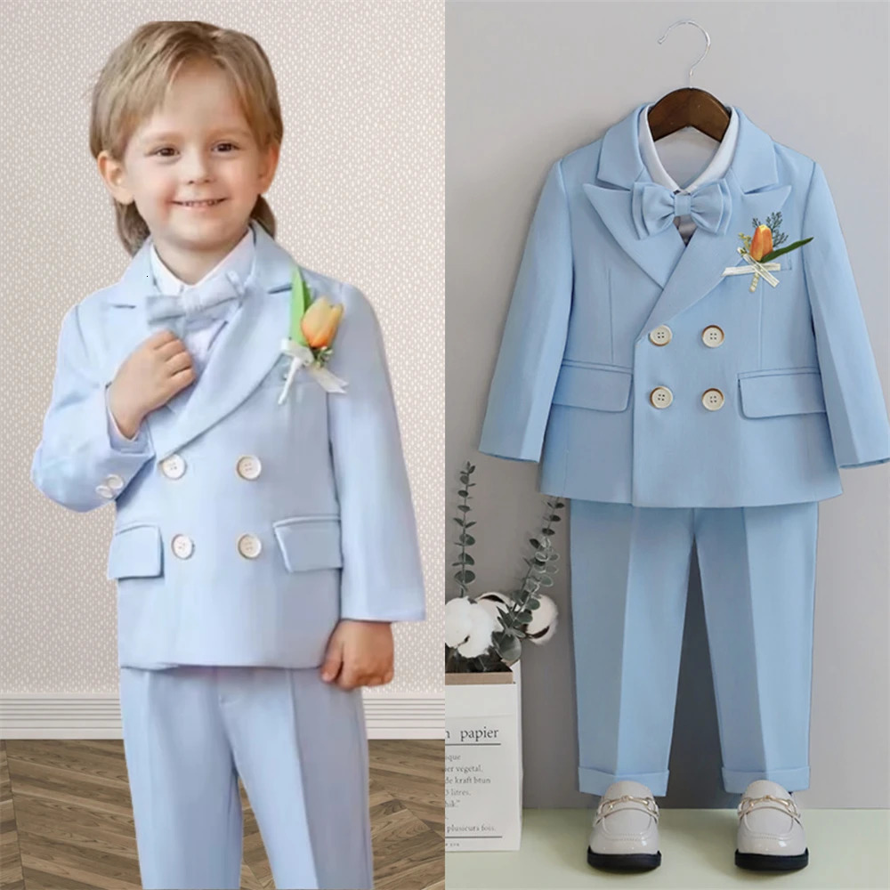 Macaroon Colorful Toddler Suit Set Double Breasted Kids Suits Blazer Pants Bow-tie Brooch Boys Formal Tuxedo Dresswear 250530