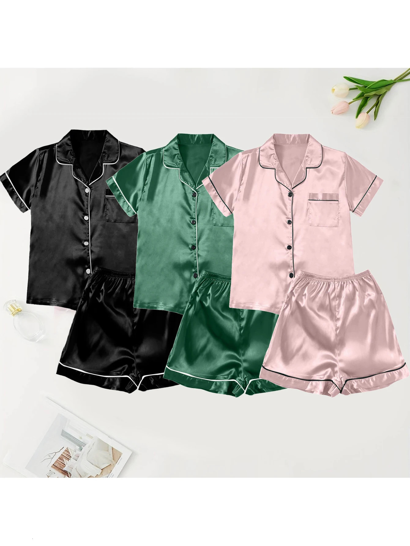 Women Pajamas Ice Silk Multi-Piece Nightgown Summer Set Comfortable Home Wear BlackGreenPeach XXXL 250530
