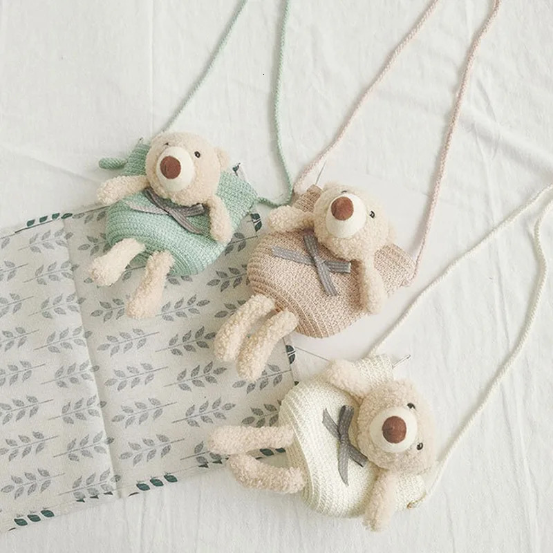 Cartoon Bear Crossbody Bags for Girls Straw Woven Shoulder Bag Princess Kids Messenger Mini Coin Purse Summer Beach Handbag 250605