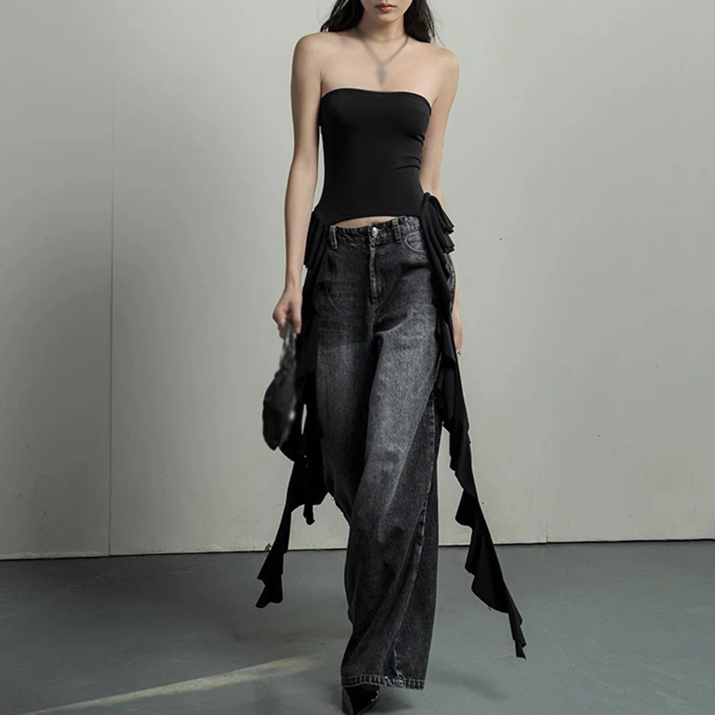 Women Summer Sexy Sleeveless Top Ruffle Edge One Shoulder Slim Fit with Ribbon Bra Top Black Vest 250530