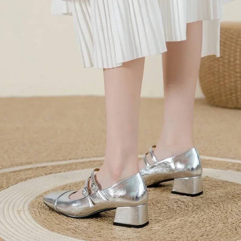 Ddmyoutdoor Women S Fashion Mary Janes Autumn Sliver Leather Buckle Mid Heels Dress Square Toe Shallow Chunky Heels Shoes Outdoor Shoes