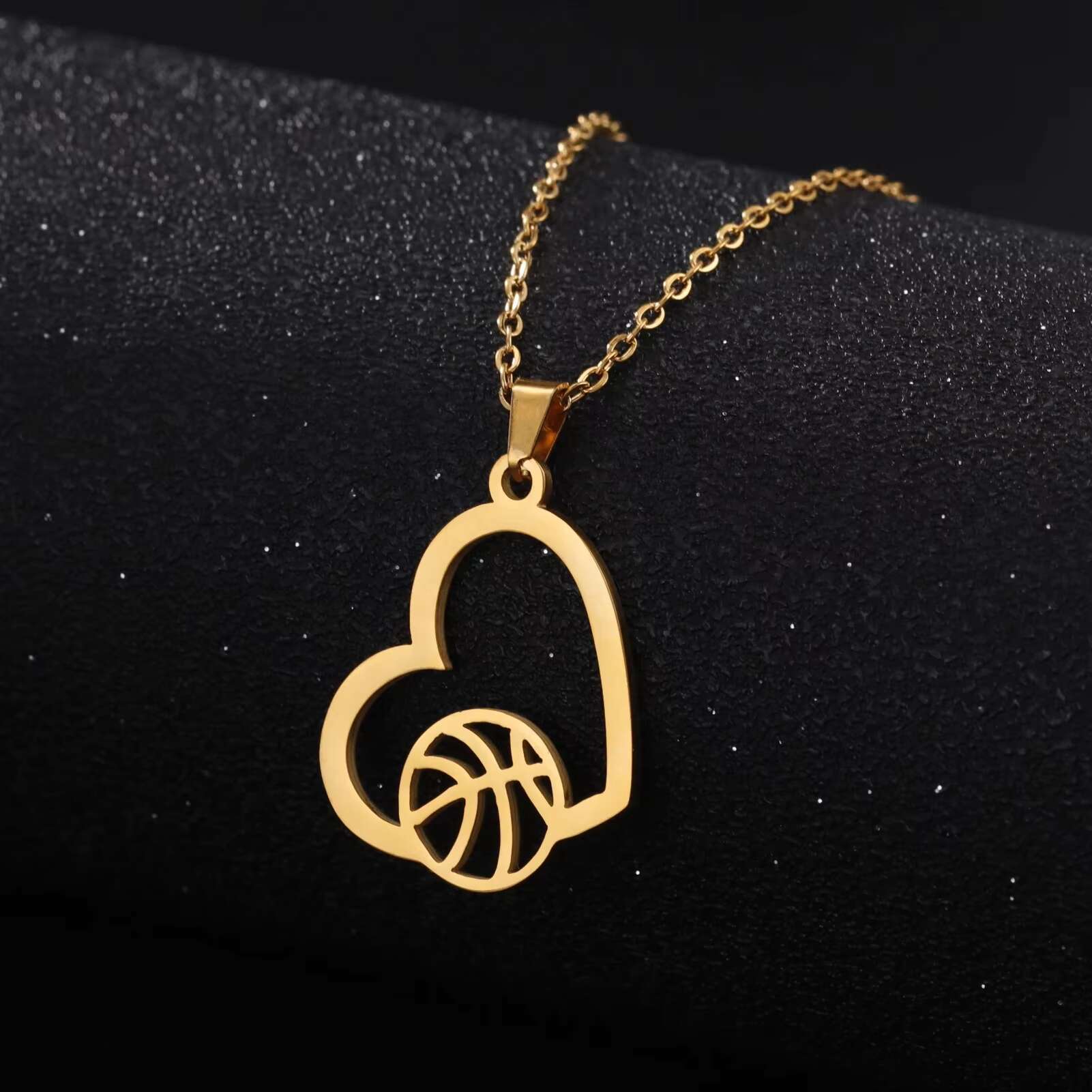 Basketball and Heart Pendant Necklace Casual Sporty Fashion Stainless Steel Jewelry Gift