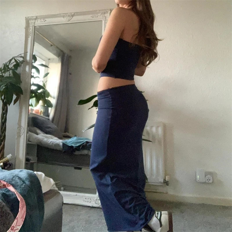Vintage 2 Piece Long Skirt Sets Women Cute Spaghetti Strap Crop Cami Maxi Midi Skirts Y2k Two Piece Outfit Beach Wear 250605
