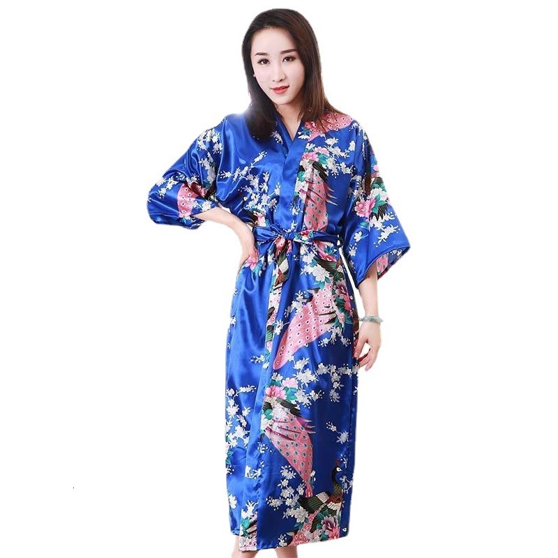 Women Sexy Long Nightgown Summer Kimono Robe Thin Peacock Print Bathrobe Imitation Silk Kimono Nightgown 241204
