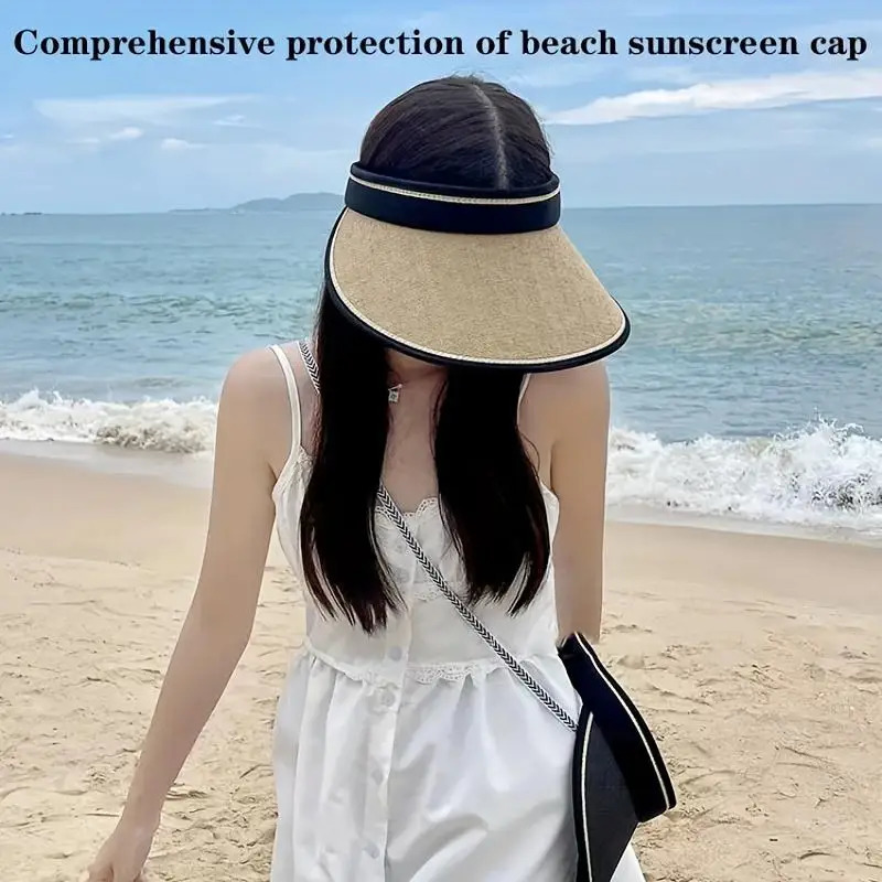 Summer Straw Hat for Women Foldable Empty Top Sun Hats Outdoor Beach Anti-UV Protection Wide Brim Female Sunscreen Visor Cap 250603