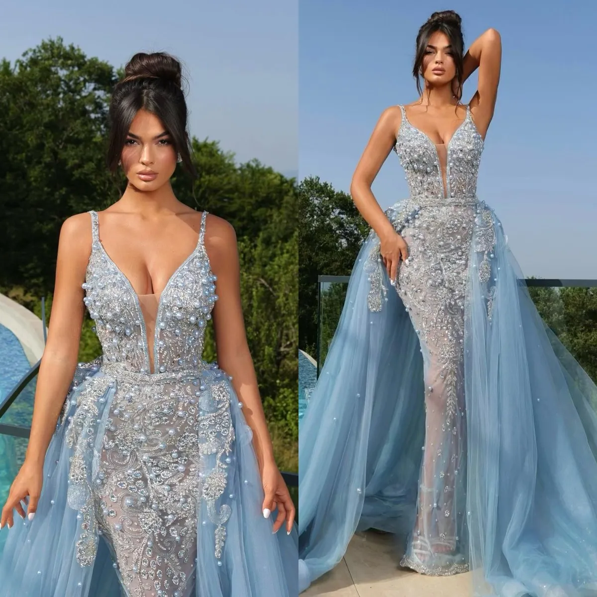 Elegant Deep V Neck Mermaid Evening Dresses Fashion Sequined Beaded Pearls Prom Dress Detachable Train Party Gown Customized